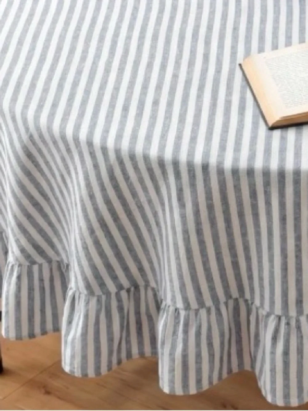 Farmhouse Striped Tablecloth with Ruffle Trim 100% Cotton 60” Round - BLUE WHITE